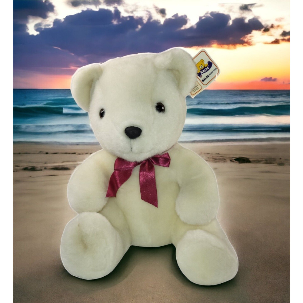 SKM Plush White Teddy‎ Bear Purple Bow Stuffed Animal Sitting 14"